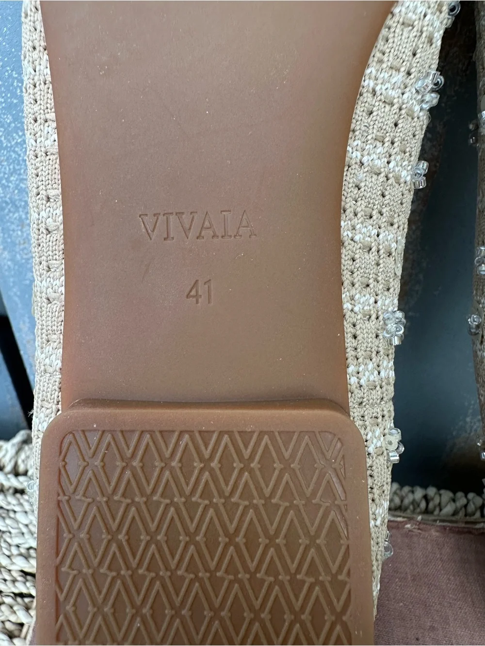 Vivaia Margot 2.0 Sequins Square Toe V-Front Flat Natural Linen Sz 41, 9.5 NWOB